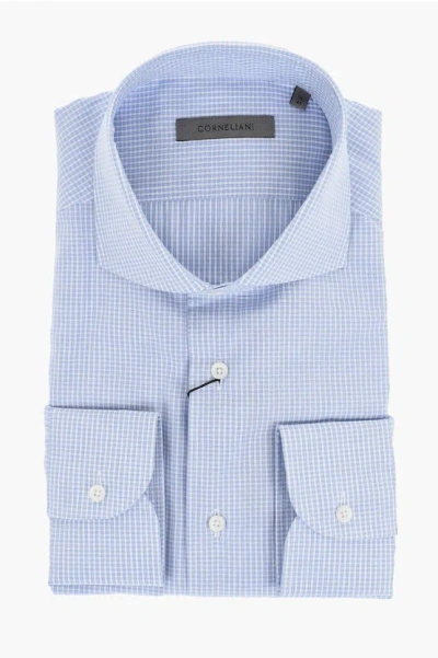 Corneliani Micro Checked Poplin Cotton Shirt In Blue