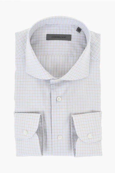 Corneliani Micro Checked Poplin Cotton Shirt With Spread Collar In White