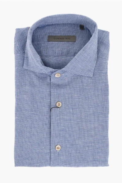 Corneliani Micro Houndstooth Motif Linen Shirt In Blue