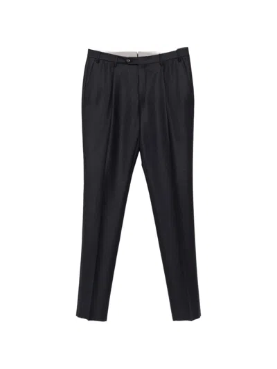 Corneliani Navy Blue Check Pleated Trousers In Black