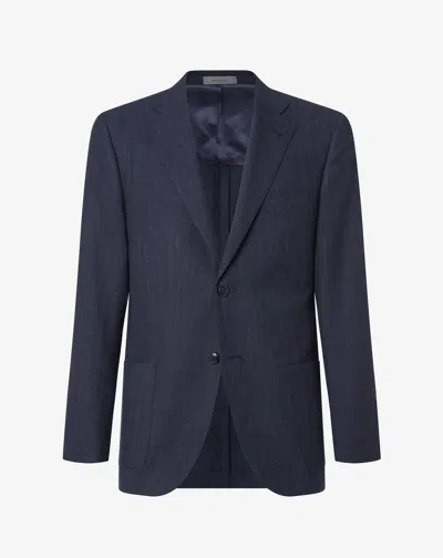 Corneliani Navy Blue Wool, Silk And Linen Jacket With Herringbone Pattern