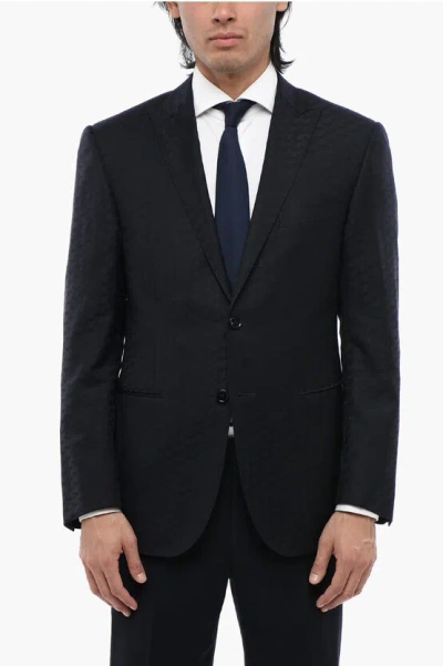 Corneliani Peak Lapel Jacquard Virgin Wool Blazer In Black