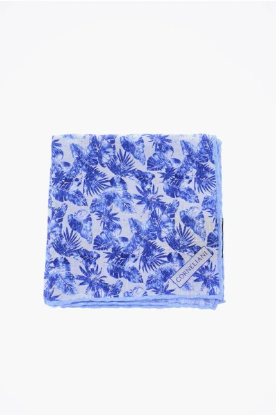 Corneliani Plant Motif Linen Pocket Square In Blue