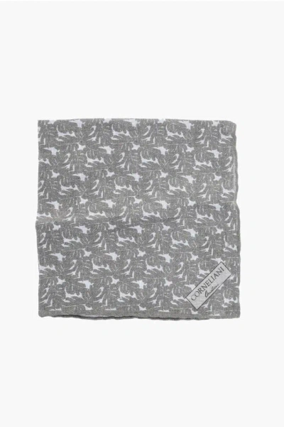 Corneliani Plant Motif Linen Pocket Square In Gray