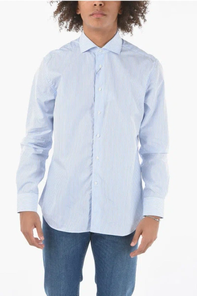 Corneliani Poplin Cotton Shirt In Awning-stripe Motif With Standard Col In Blue