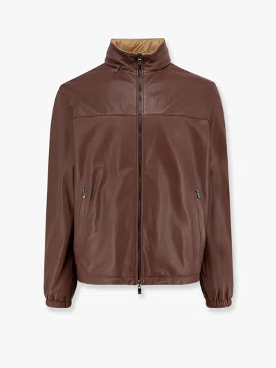 Corneliani Reversible Leather And Nylon Jacket With Adjustable Drawstring In Brown