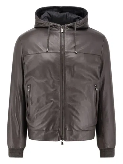 Corneliani Ribbed Cuffs Leather Jacket In Brown