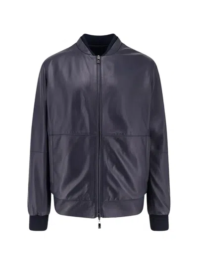 Corneliani Ribbed Leather Jacket In Blue
