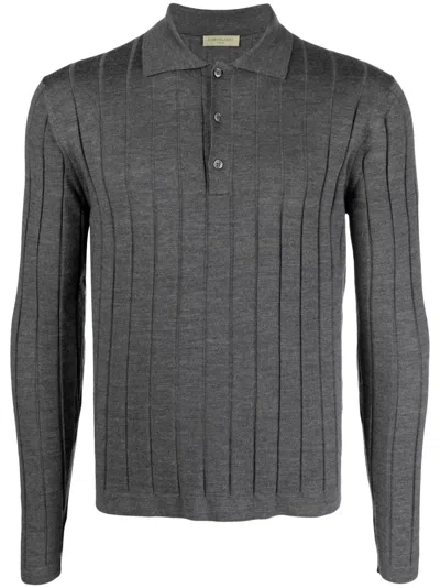 Corneliani Ribbed Virgin Wool Polo Shirt In Grey