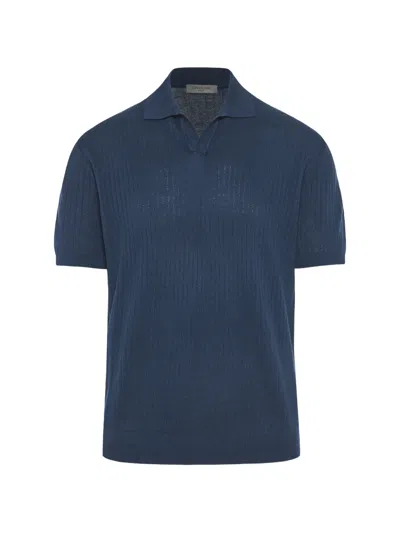 Corneliani Ribbed-knit Short-sleeve Polo Shirt In Blue