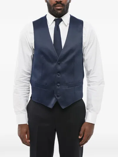 Corneliani Satin Piped-pocket Waistcoat In Blue