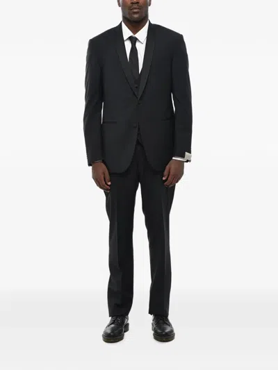 Corneliani Satin Shawl-lapel Three-piece Suit In Black