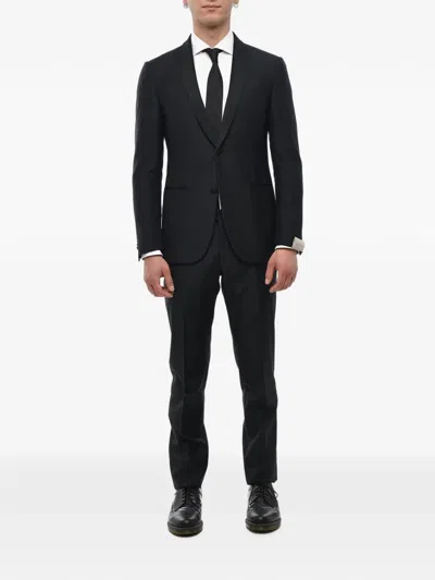 Corneliani Satin-lapel Virgin-wool Suit In Black