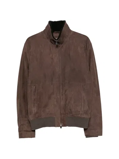 Corneliani Shearling-collar Suede Jacket In Brown