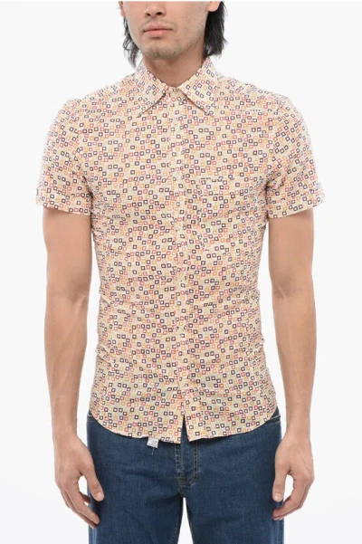 Corneliani Short-sleeved Cotton Blend Shirt With Geometric Pattern In Neutral