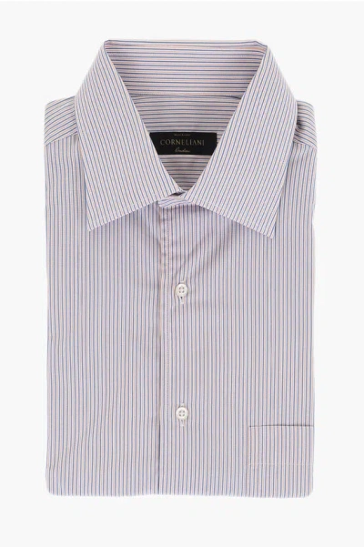 Corneliani Short-sleeved Cotton Shirt With Balanced Stripe Motif In Transparent