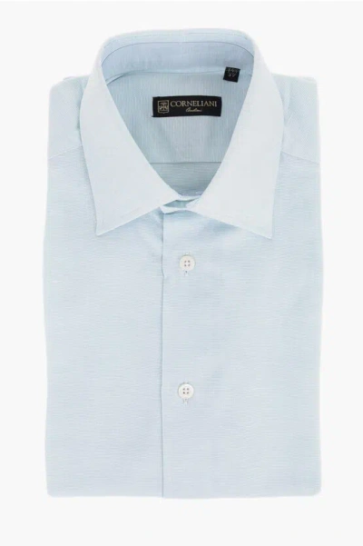 Corneliani Short-sleeved Linen And Cotton Shirt With Standard Collar In Blue