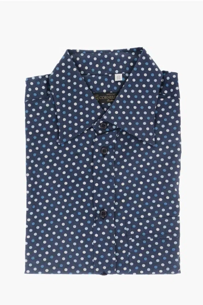 Corneliani Short-sleeved Linen Shirt With Polka Dot Motif In Blue