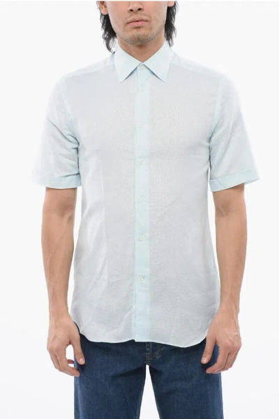 Corneliani Short-sleeved Linen Shirt With Spread Collar In Green