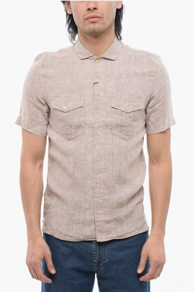 Corneliani Short-sleeved Pure Linen Saharan Shirt In Brown