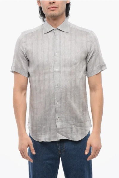 Corneliani Short-sleeved Pure Linen Shirt In Gray