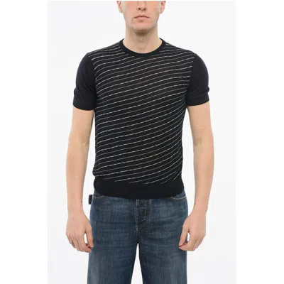 Corneliani Short Sleeved Striped Silk And Linen Crewneck Sweater In Black