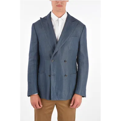 Corneliani Silk And Flax Gate Side Vents Peak Lapel Double-breasted Bla In Blue