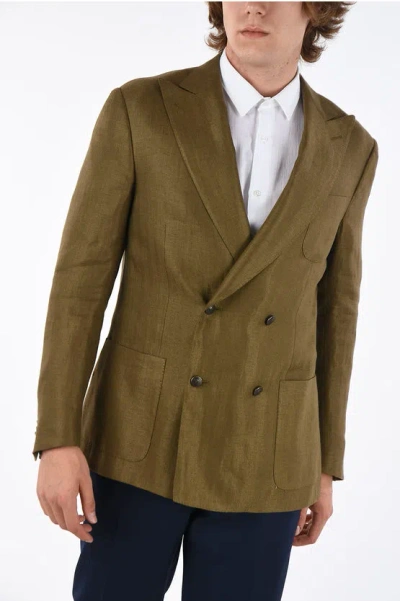 Corneliani Silk And Linen Peak Lapel Gate Double-breasted Blazer In Brown
