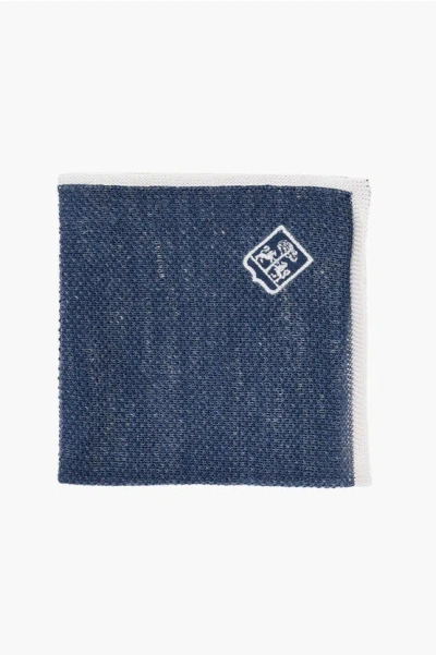 Corneliani Silk And Linen Pocket Square With Embroidered Logo In Blue