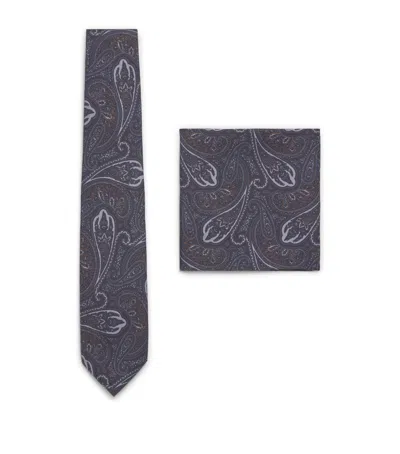 Corneliani Silk Necktie And Pocket Square Set In Blue