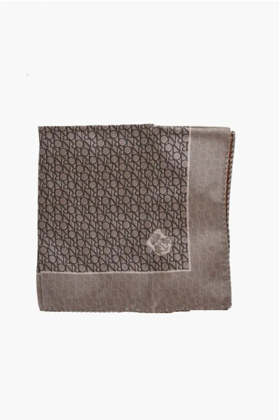 Corneliani Silk Pocket Square With All-over Logo In Brown