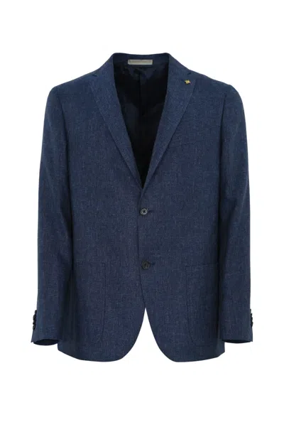 Corneliani Single-breasted Jacket In Linen And Lyocell In Blue