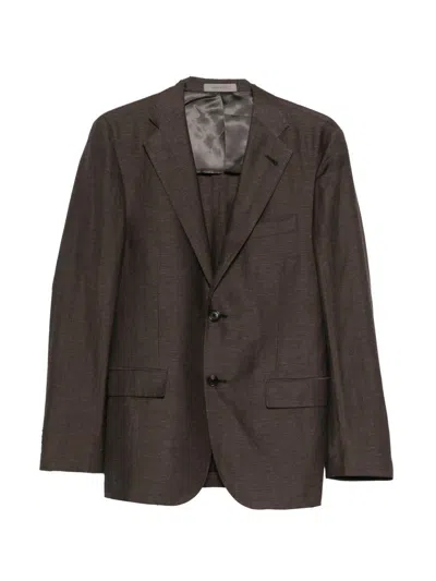 Corneliani Single-breasted Jacket In Brown Linen Blend  In Gray
