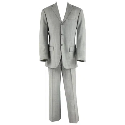 Pre-owned Corneliani Size 40 Grey Cream Pinstripe Virgin Wool Single Breasted Suit In White