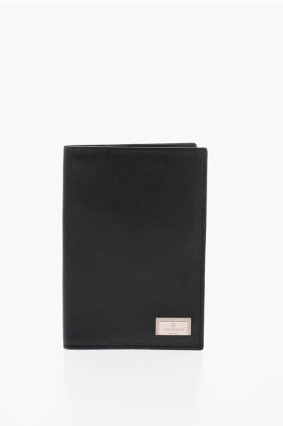 Corneliani Solid Color Leather Card Holder In Black
