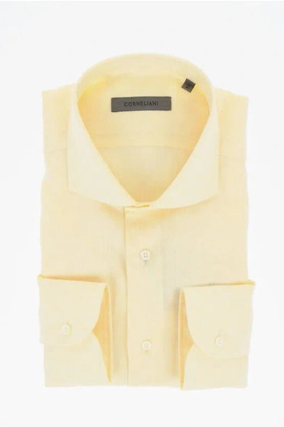 Corneliani Solid Color Linen Shirt With Spread Collar In Yellow