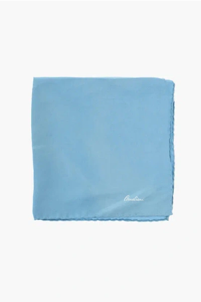 Corneliani Solid Color Pocket Square With Contrasting Logo In Blue