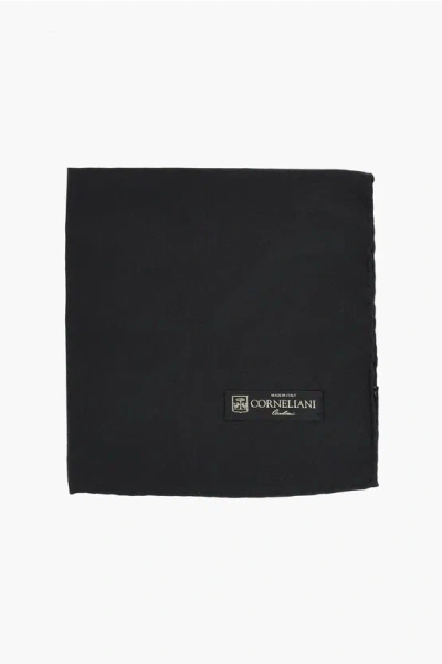 Corneliani Solid Color Silk Pocket Square With Contrasting Logo In Black
