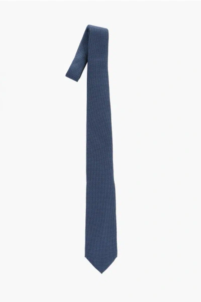 Corneliani Solid Color Silk Tie With Micro Patterns In Blue