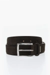Corneliani Solid Color Suede Belt With Silver-tone Logo 35mm In Brown