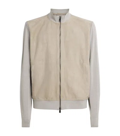 Corneliani Stretch-silk Suede-front Bomber Jacket In Grey