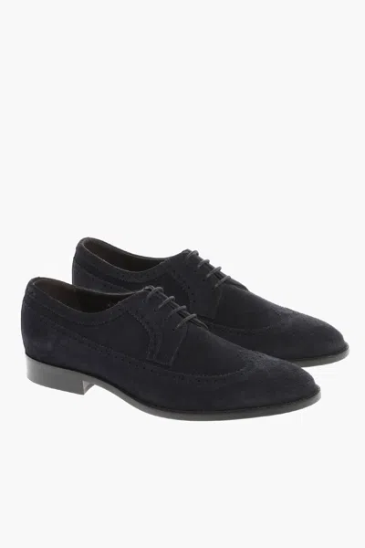 Corneliani Brogue Suede Derby Shoes With Cur Sole In Blue