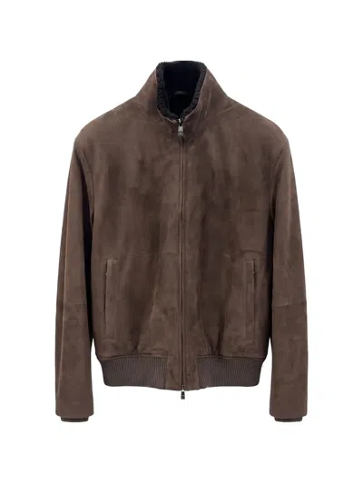 Corneliani Suede Long-sleeve Bomber Jacket In Brown