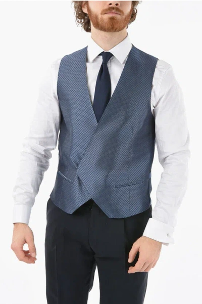 Corneliani Two-tone Silk Academy Cerimonia Vest With All-over Logo On T In Blue