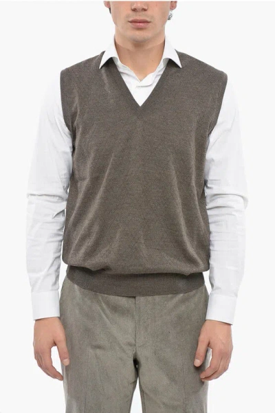 Corneliani V Neck Jacquard Virgin Wool Vest In Gray