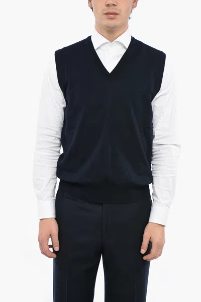 Corneliani V Neck Jacquard Virgin Wool Vest In Blue