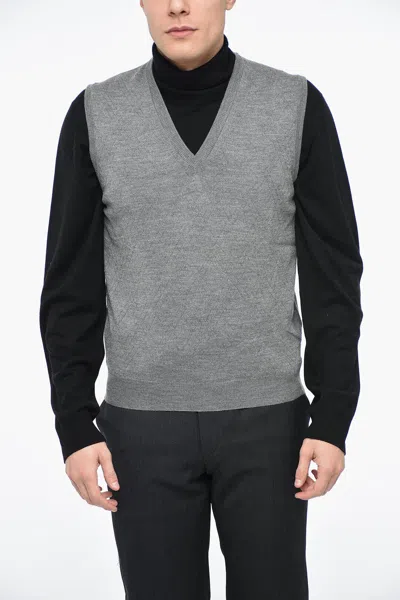 Corneliani V Neck Jacquard Virgin Wool Vest In Grey