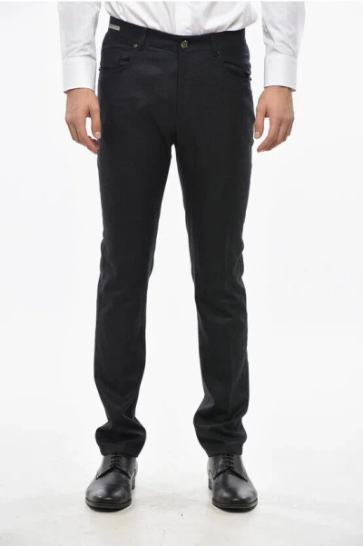 Corneliani Virgin Wool And Cashmere 5-pocket Pants With Silver-tone But In Black