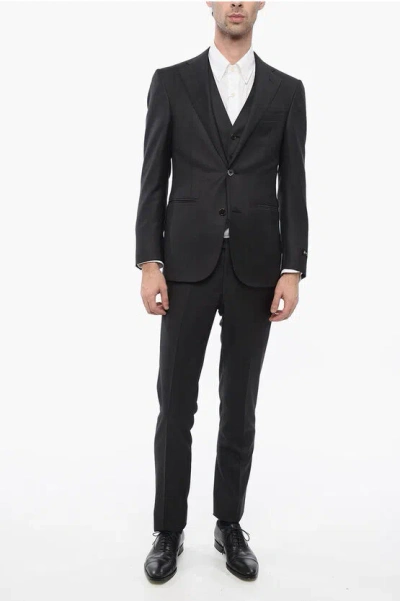 Corneliani Virgin Wool Cerim.academy 3 Piece Waistcoat Suit In Black