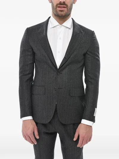 Corneliani Virgin Wool Herringbone Suit In Black